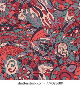 Tracery seamless pattern. Mehndi design. Ethnic colorful doodle texture. Curved doodling background. Vector