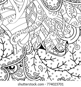 Tracery seamless pattern. Mehndi design. Ethnic monochrome binary doodle texture. Curved doodling black and white background. Vector