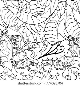 Tracery seamless pattern. Mehndi design. Ethnic monochrome binary doodle texture. Curved doodling black and white background. Vector