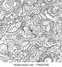 Tracery seamless pattern. Mehndi design. Ethnic monochrome binary doodle texture. Curved doodling black and white background. Vector
