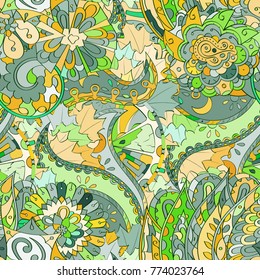 Tracery seamless pattern. Mehndi design. Ethnic colorful doodle texture. Curved doodling background. Vector