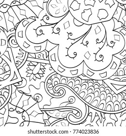 Tracery seamless pattern. Mehndi design. Ethnic monochrome binary doodle texture. Curved doodling black and white background. Vector