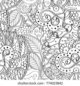 Tracery seamless pattern. Mehndi design. Ethnic monochrome binary doodle texture. Curved doodling black and white background. Vector