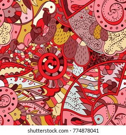 Tracery seamless pattern. Mehndi design. Ethnic colorful doodle texture. Curved doodling background. Vector