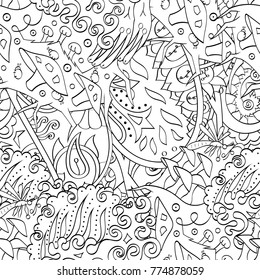 Tracery seamless pattern. Mehndi design. Ethnic monochrome binary doodle texture. Curved doodling black and white background. Vector
