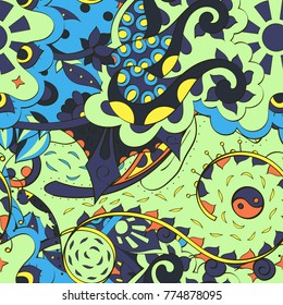 Tracery seamless pattern. Mehndi design. Ethnic colorful doodle texture. Curved doodling background. Vector