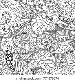 Tracery seamless pattern. Mehndi design. Ethnic monochrome binary doodle texture. Curved doodling black and white background. Vector