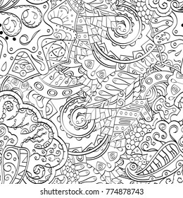 Tracery seamless pattern. Mehndi design. Ethnic monochrome binary doodle texture. Curved doodling black and white background. Vector
