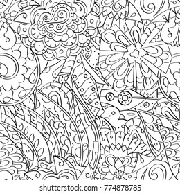 Tracery seamless pattern. Mehndi design. Ethnic monochrome binary doodle texture. Curved doodling black and white background. Vector