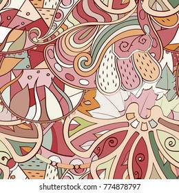 Tracery seamless pattern. Mehndi design. Ethnic colorful doodle texture. Curved doodling background. Vector