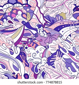 Tracery seamless pattern. Mehndi design. Ethnic colorful doodle texture. Curved doodling background. Vector