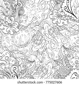 Tracery seamless pattern. Mehndi design. Ethnic monochrome binary doodle texture. Curved doodling black and white background. Vector