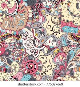 Tracery seamless pattern. Mehndi design. Ethnic colorful doodle texture. Curved doodling background. Vector