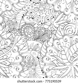 Tracery seamless pattern. Mehndi design. Ethnic monochrome binary doodle texture. Curved doodling black and white background. Vector