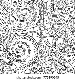 Tracery seamless pattern. Mehndi design. Ethnic monochrome binary doodle texture. Curved doodling black and white background. Vector