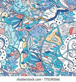Tracery seamless pattern. Mehndi design. Ethnic colorful doodle texture. Curved doodling background. Vector