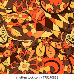 Tracery seamless pattern. Mehndi design. Ethnic colorful doodle texture. Curved doodling background. Vector