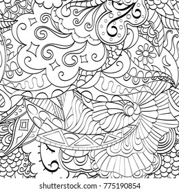 Tracery seamless pattern. Mehndi design. Ethnic monochrome binary doodle texture. Curved doodling black and white background. Vector