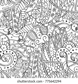 Tracery seamless pattern. Mehndi design. Ethnic monochrome binary doodle texture. Curved doodling black and white background. Vector