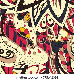 Tracery seamless pattern. Mehndi design. Ethnic colorful doodle texture. Curved doodling background. Vector