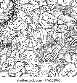 Tracery seamless pattern. Mehndi design. Ethnic monochrome binary doodle texture. Curved doodling black and white background. Vector