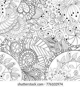 Tracery seamless pattern. Mehndi design. Ethnic monochrome binary doodle texture. Curved doodling black and white background. Vector
