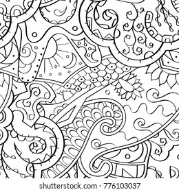 Tracery seamless pattern. Mehndi design. Ethnic monochrome binary doodle texture. Curved doodling black and white background. Vector