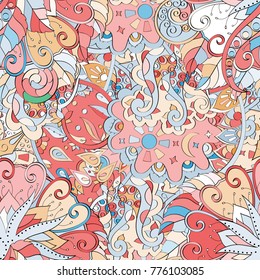 Tracery seamless pattern. Mehndi design. Ethnic colorful doodle texture. Curved doodling background. Vector