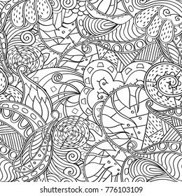 Tracery seamless pattern. Mehndi design. Ethnic monochrome binary doodle texture. Curved doodling black and white background. Vector