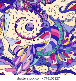 Tracery seamless pattern. Mehndi design. Ethnic colorful doodle texture. Curved doodling background. Vector