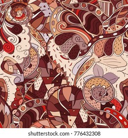 Tracery seamless pattern. Mehndi design. Ethnic colorful doodle texture. Curved doodling background. Vector