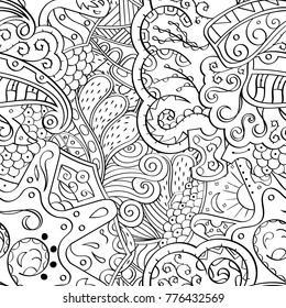 Tracery seamless pattern. Mehndi design. Ethnic monochrome binary doodle texture. Curved doodling black and white background. Vector