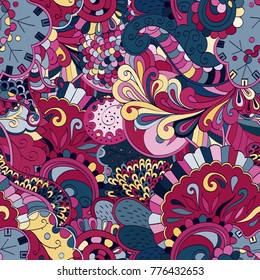 Tracery seamless pattern. Mehndi design. Ethnic colorful doodle texture. Curved doodling background. Vector