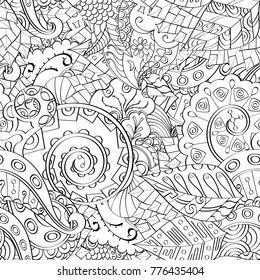 Tracery seamless pattern. Mehndi design. Ethnic monochrome binary doodle texture. Curved doodling black and white background. Vector