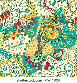 Tracery seamless pattern. Mehndi design. Ethnic colorful doodle texture. Curved doodling background. Vector