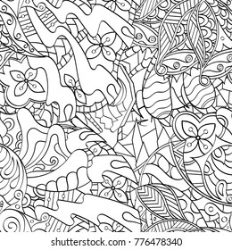 Tracery seamless pattern. Mehndi design. Ethnic monochrome binary doodle texture. Curved doodling black and white background. Vector