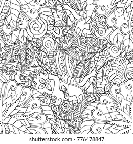 Tracery seamless pattern. Mehndi design. Ethnic monochrome binary doodle texture. Curved doodling black and white background. Vector