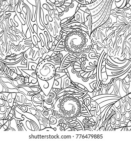 Tracery seamless pattern. Mehndi design. Ethnic monochrome binary doodle texture. Curved doodling black and white background. Vector