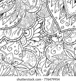 Tracery seamless pattern. Mehndi design. Ethnic monochrome binary doodle texture. Curved doodling black and white background. Vector