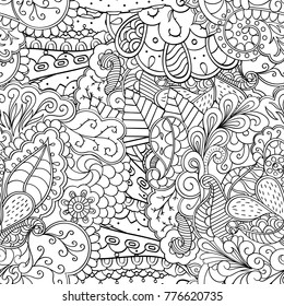 Tracery seamless pattern. Mehndi design. Ethnic monochrome binary doodle texture. Curved doodling black and white background. Vector