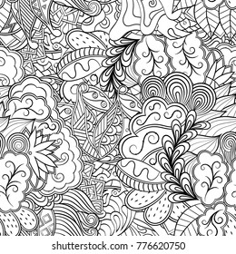 Tracery seamless pattern. Mehndi design. Ethnic monochrome binary doodle texture. Curved doodling black and white background. Vector