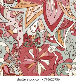 Tracery seamless pattern. Mehndi design. Ethnic colorful doodle texture. Curved doodling background. Vector