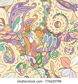 Tracery seamless pattern. Mehndi design. Ethnic colorful doodle texture. Curved doodling background. Vector
