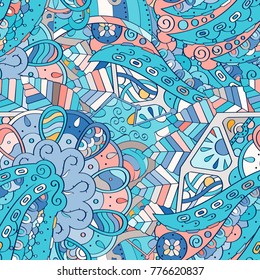 Tracery seamless pattern. Mehndi design. Ethnic colorful doodle texture. Curved doodling background. Vector