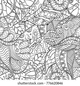 Tracery seamless pattern. Mehndi design. Ethnic monochrome binary doodle texture. Curved doodling black and white background. Vector