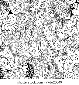 Tracery seamless pattern. Mehndi design. Ethnic monochrome binary doodle texture. Curved doodling black and white background. Vector