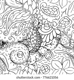 Tracery seamless pattern. Mehndi design. Ethnic monochrome binary doodle texture. Curved doodling black and white background. Vector