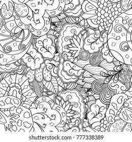Tracery seamless pattern. Mehndi design. Ethnic monochrome binary doodle texture. Curved doodling black and white background. Vector