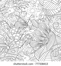 Tracery seamless pattern. Mehndi design. Ethnic monochrome binary doodle texture. Curved doodling black and white background. Vector