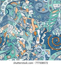 Tracery seamless pattern. Mehndi design. Ethnic colorful doodle texture. Curved doodling background. Vector
